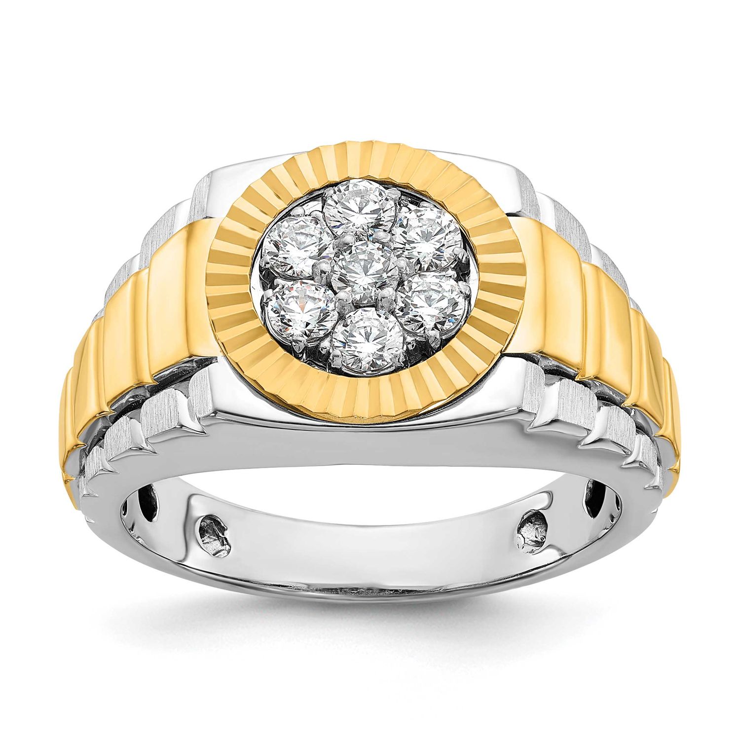 IBGoodman Men&#39;s Polished Satin and Diamond-cut Round 1/2 Carat Lab Grown Diamond Cluster Ring 14k T