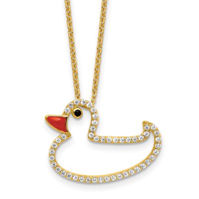 Cheryl M Polished Black and White CZ Enameled Duck 16 Inch with 2 Inch Extension Necklace Sterling