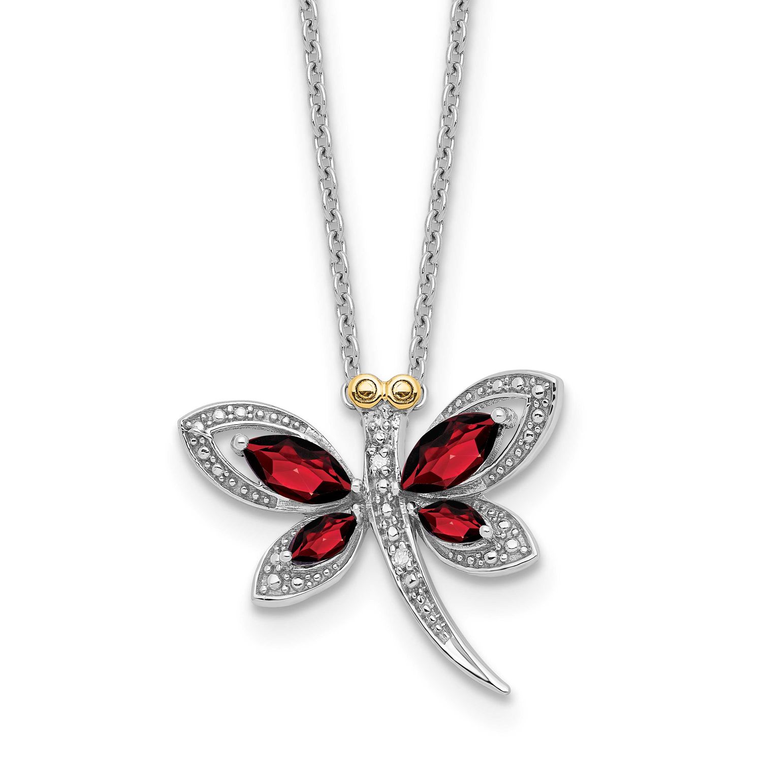 Sterling Silver/RH-pltd Garnet/Diamond Dragonfly 18in 2 ext Necklace 14k Gold, QG6769-18,