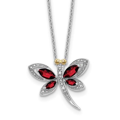 Sterling Silver/RH-pltd Garnet/Diamond Dragonfly 18in 2 ext Necklace 14k Gold, QG6769-18,