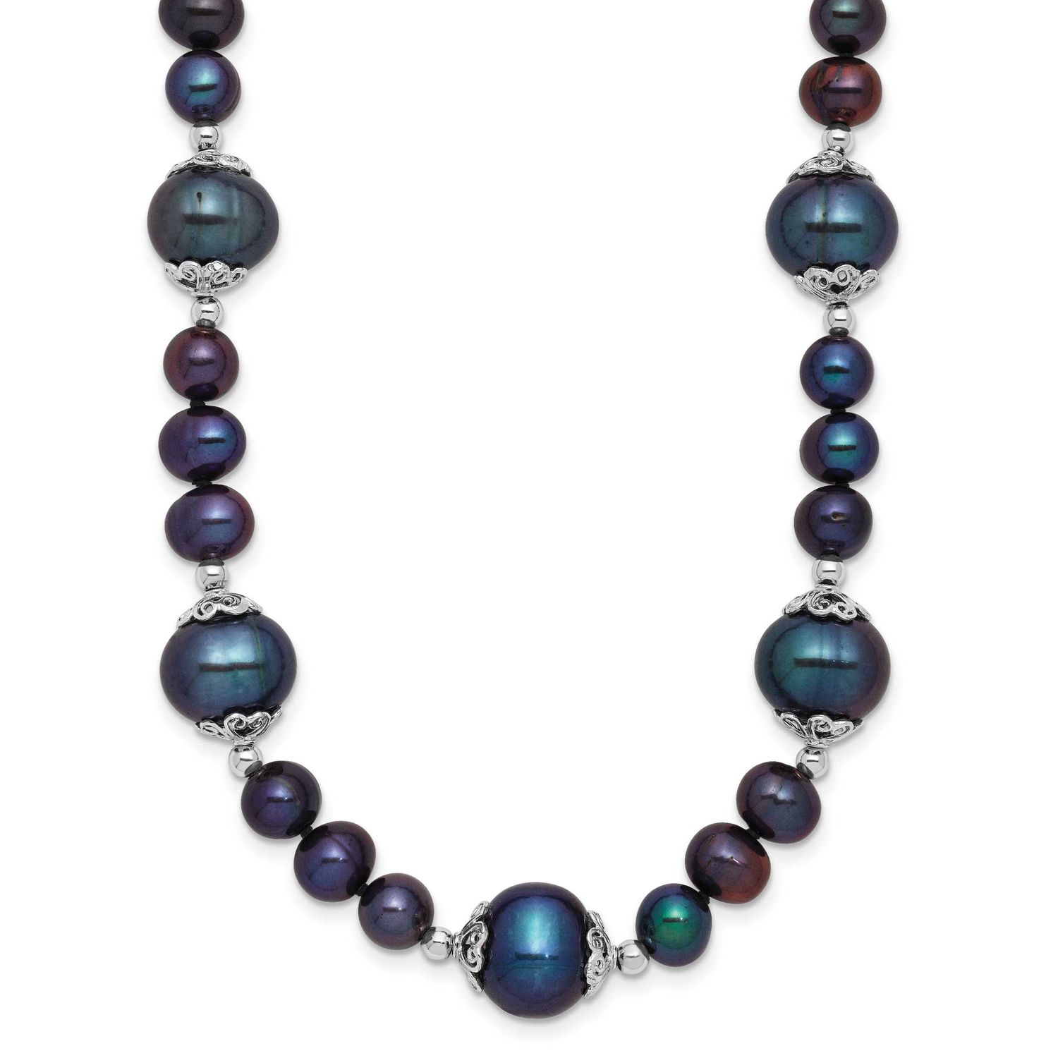 6-9mm Black Near Round Freshwater Cultured Pearl 5-station 18 inch Necklace Sterling Silver Rhodium