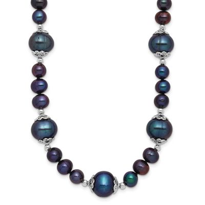 6-9mm Black Near Round Freshwater Cultured Pearl 5-station 18 inch Necklace Sterling Silver Rhodium