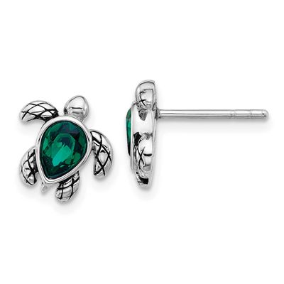 Polished and Antiqued Green Crystal May Birthstone Turtle Earrings Sterling Silver Rhodium-plated,