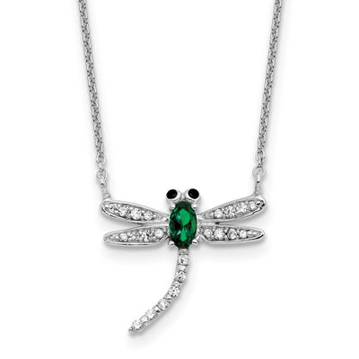 Cheryl M Polished Green Glass and CZ Dragonfly 16 Inch with 2 Inch Extension Necklace Sterling Silv