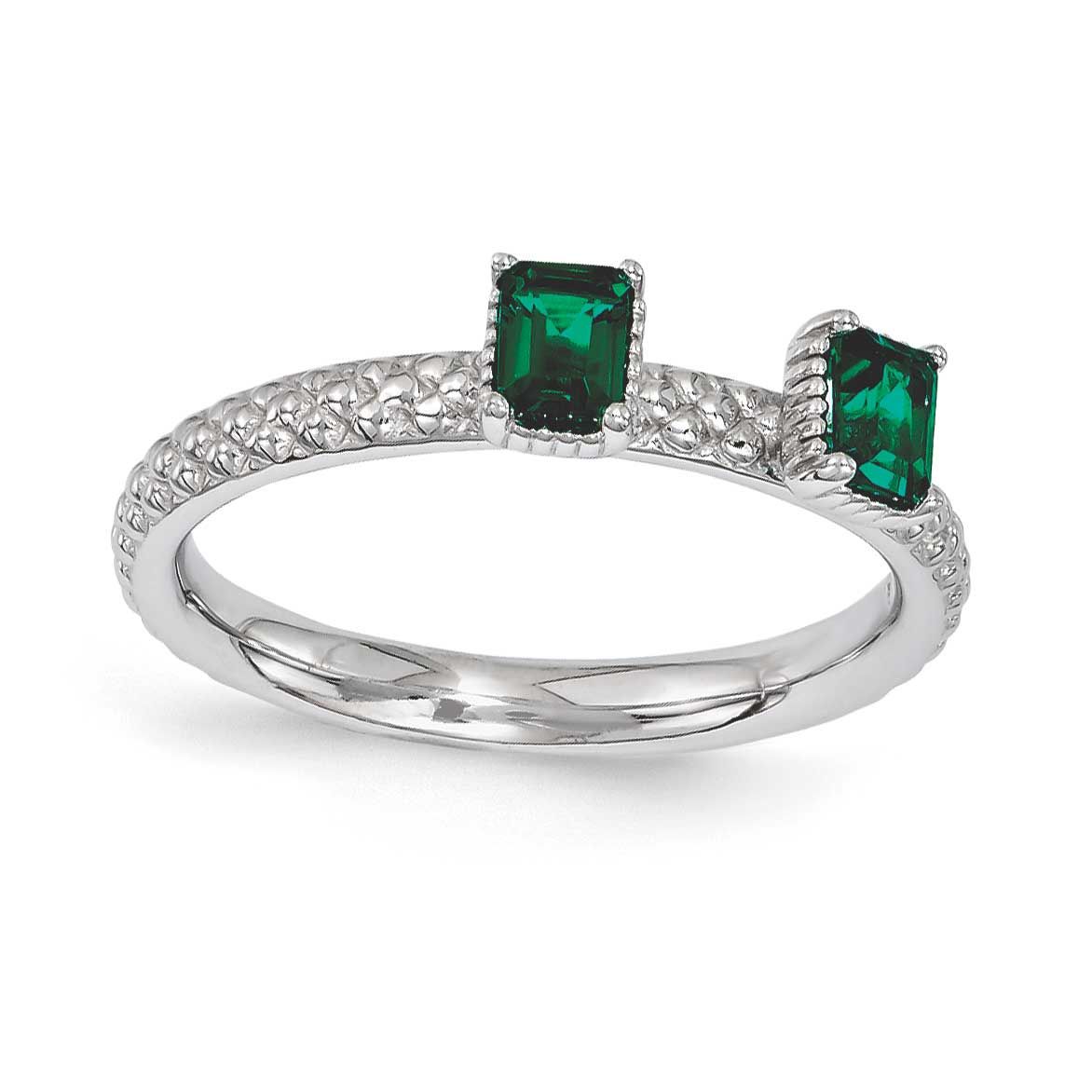 Created Emerald Two Stone Ring Sterling Silver, QSK1583-5, 886774213064