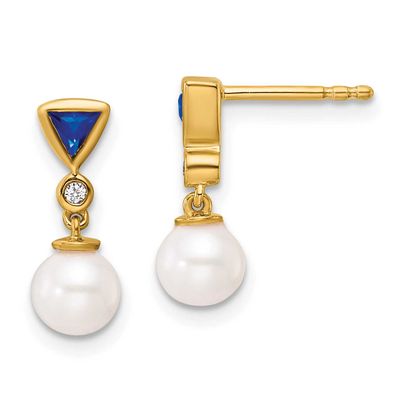 Diamond and Sapphire Pearl Dangle Post Earrings 14k Gold Polished, EM10036-SA-002-YAA,