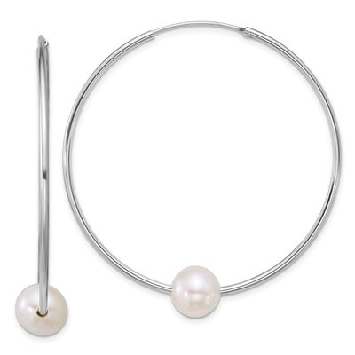 8-9mm White Semi-Round Freshwater Cultured Pearl Hoop Earrings Sterling Silver Rhodium-plated, QE18