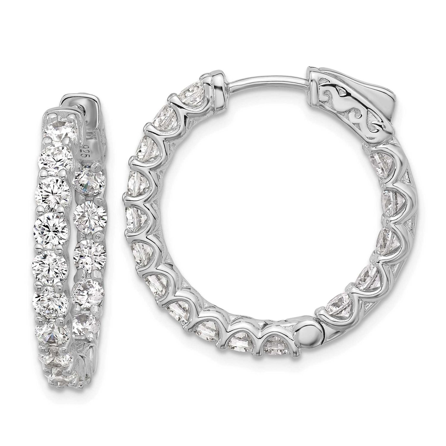 3mm CZ 32 Stone In and Out Hinged Hoop Earrings Sterling Silver Rhodium-plated, QSH159, 196904346822
