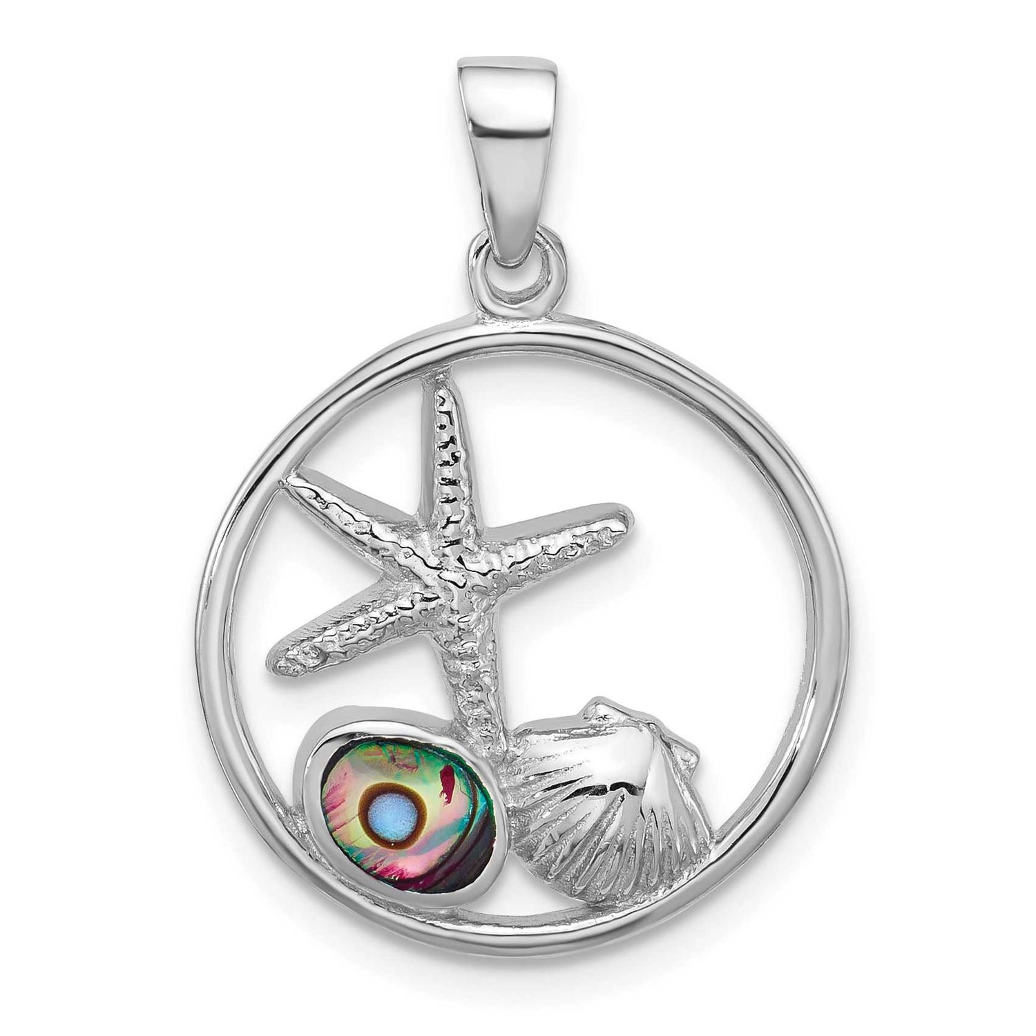 Polished Paua Shell Starfish and Shell Pendant Sterling Silver Rhodium-plated, QP5909,