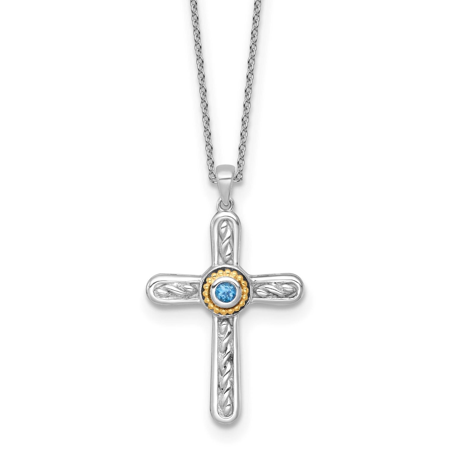 Shey Couture with 14k Accent Round London Blue Topaz Textured Cross 18 inch with 2 inch Extension N