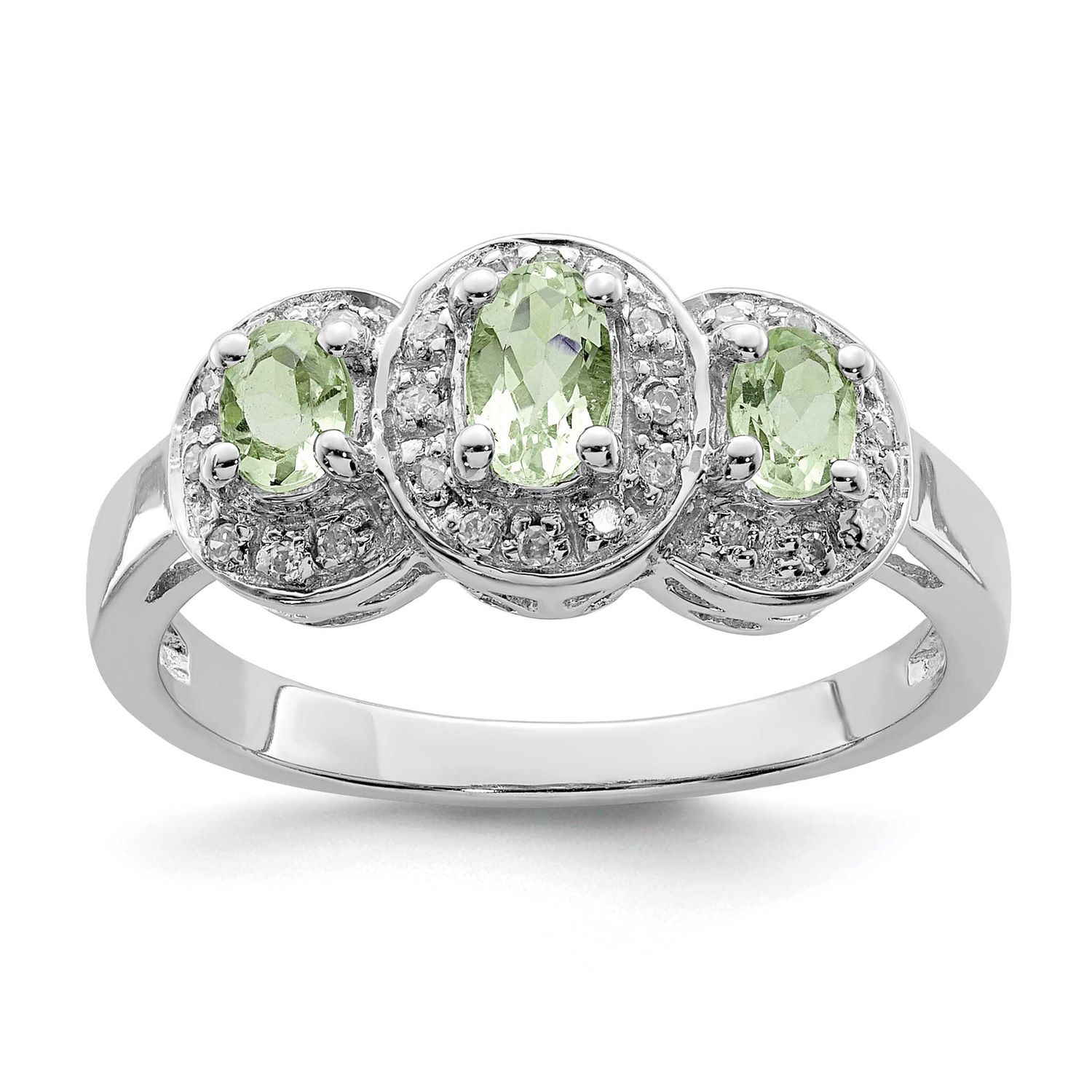 3 Stone Green Quartz &amp; Diamond Ring Sterling Silver Rhodium-plated, QDX453-8, 883957479668