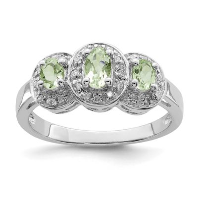 3 Stone Green Quartz &amp; Diamond Ring Sterling Silver Rhodium-plated, QDX453-8, 883957479668