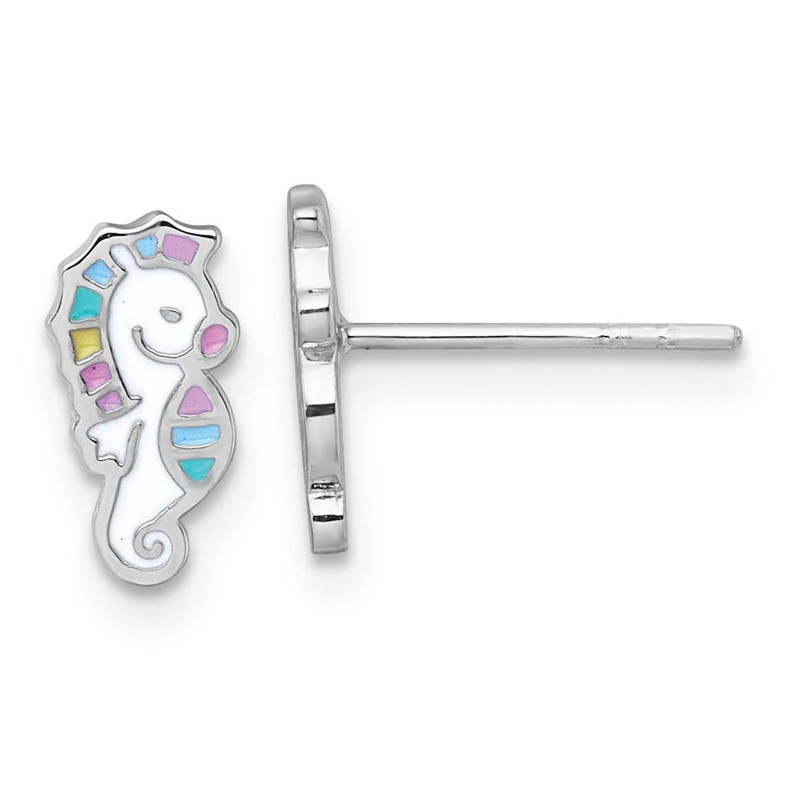 Enamel Seahorse Children&#39;s Post Earrings Sterling Silver Rhodium-plated, QE18295,
