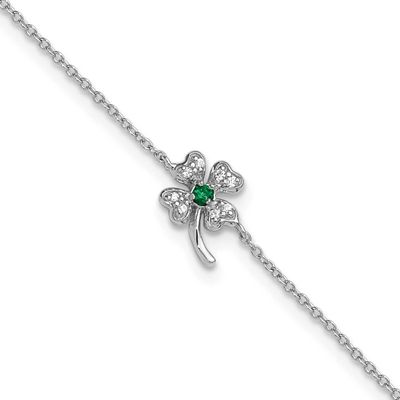 Cheryl M Polished Green and White CZ Four Leaf Clover 9.5 Inch with 1 Inch Extension Anklet Sterlin