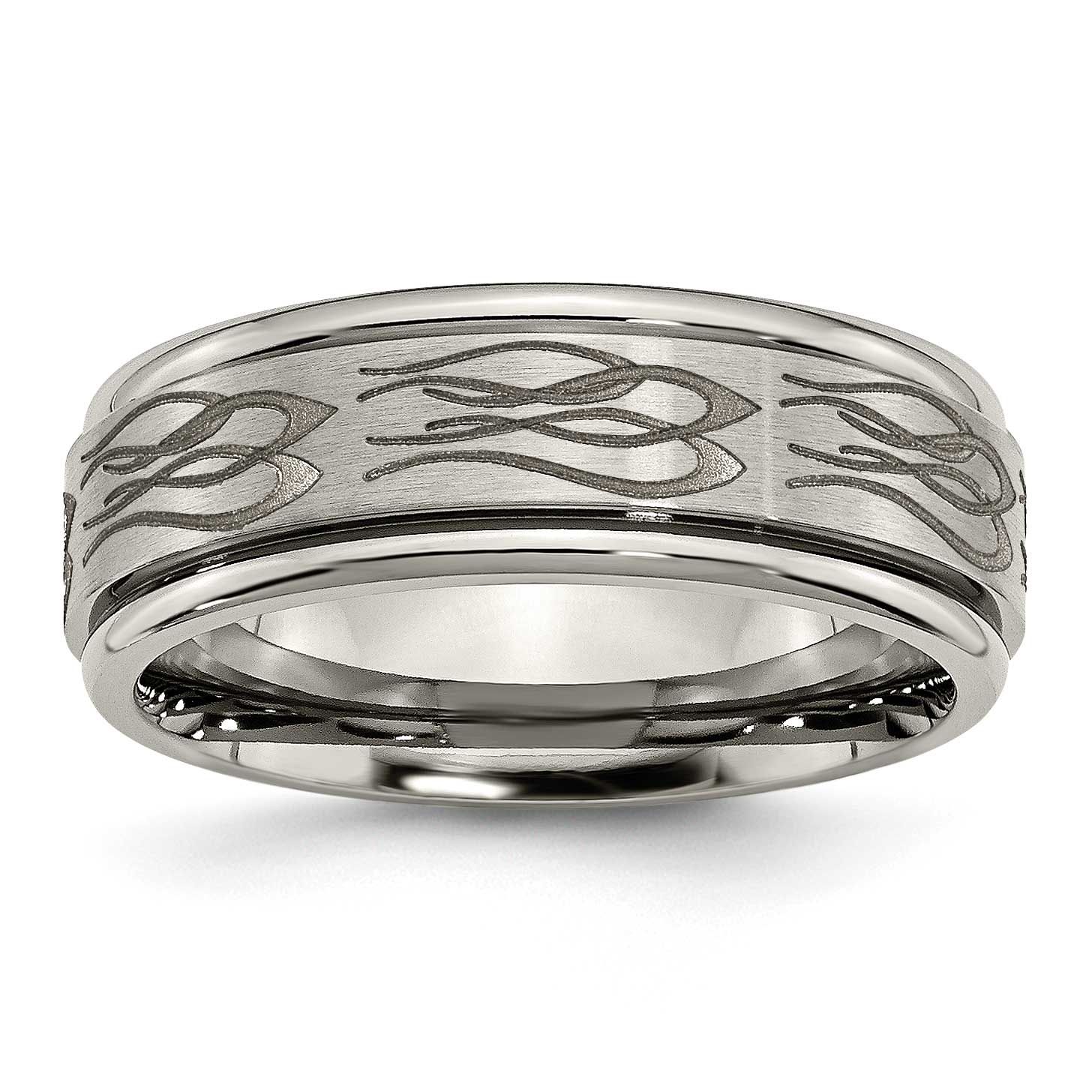 Flame Laser Design 8mm Ridged Edge Band Titanium Brushed and Polished, TB11T-12, 886774047171