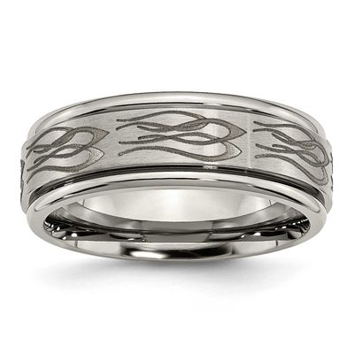 Flame Laser Design 8mm Ridged Edge Band Titanium Brushed and Polished, TB11T-12, 886774047171