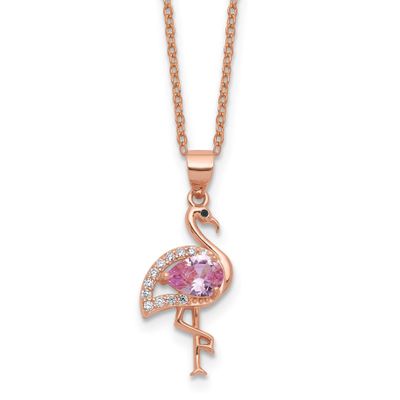 Cheryl M Rose-tone Polished Lab Created Ruby Black Spinel and CZ Flamingo Necklace Sterling Silver,