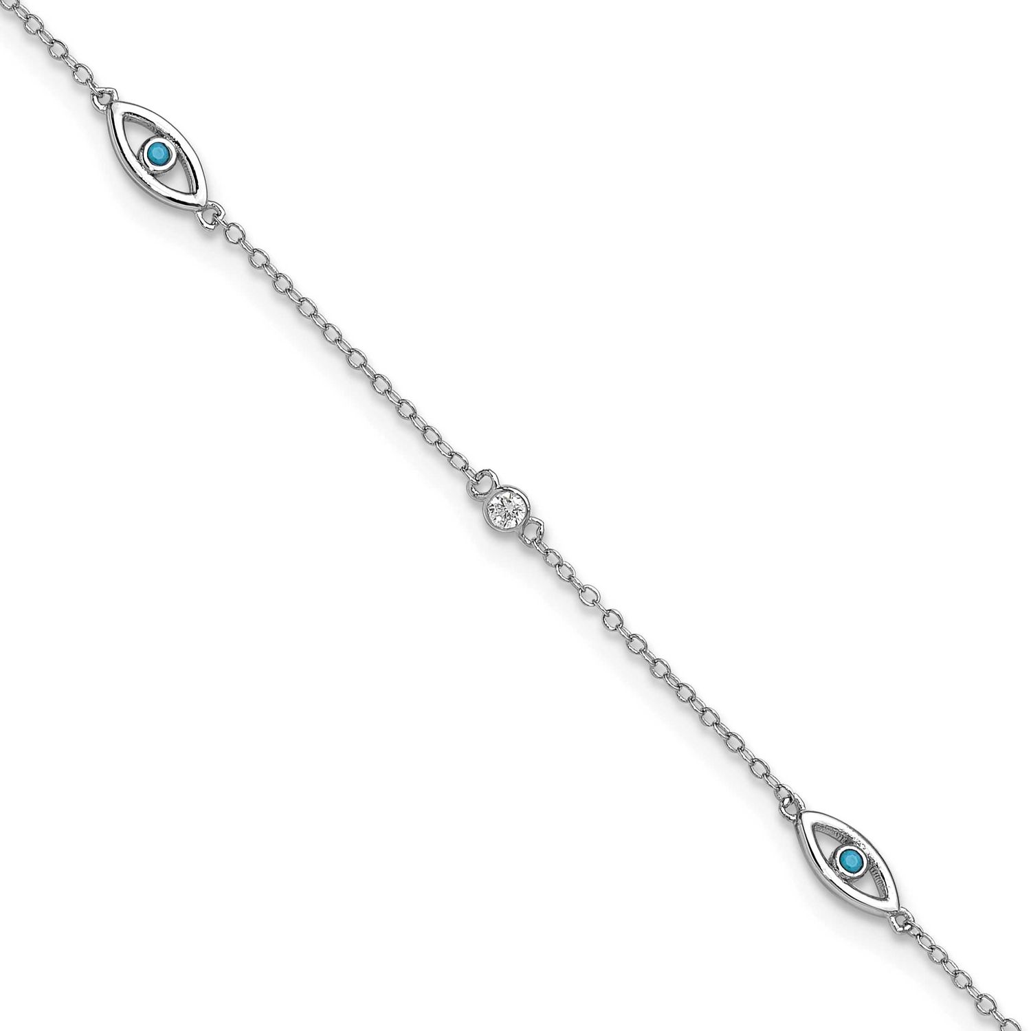 Cheryl M Polished Blue Glass and CZ Evil Eye 9.5 Inch with 1 Inch Extension Anklet Sterling Silver