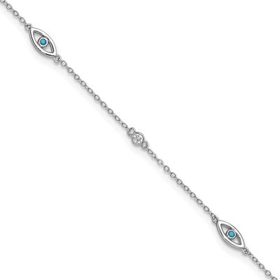 Cheryl M Polished Blue Glass and CZ Evil Eye 9.5 Inch with 1 Inch Extension Anklet Sterling Silver