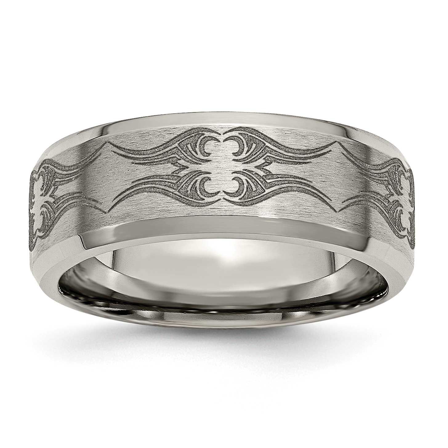 Polished Laser Design 8mm Beveled Edge Band Titanium Brushed, TB115A-12.5, 886774043937