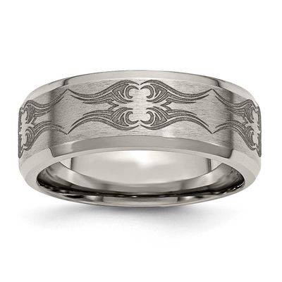 Polished Laser Design 8mm Beveled Edge Band Titanium Brushed, TB115A-12.5, 886774043937