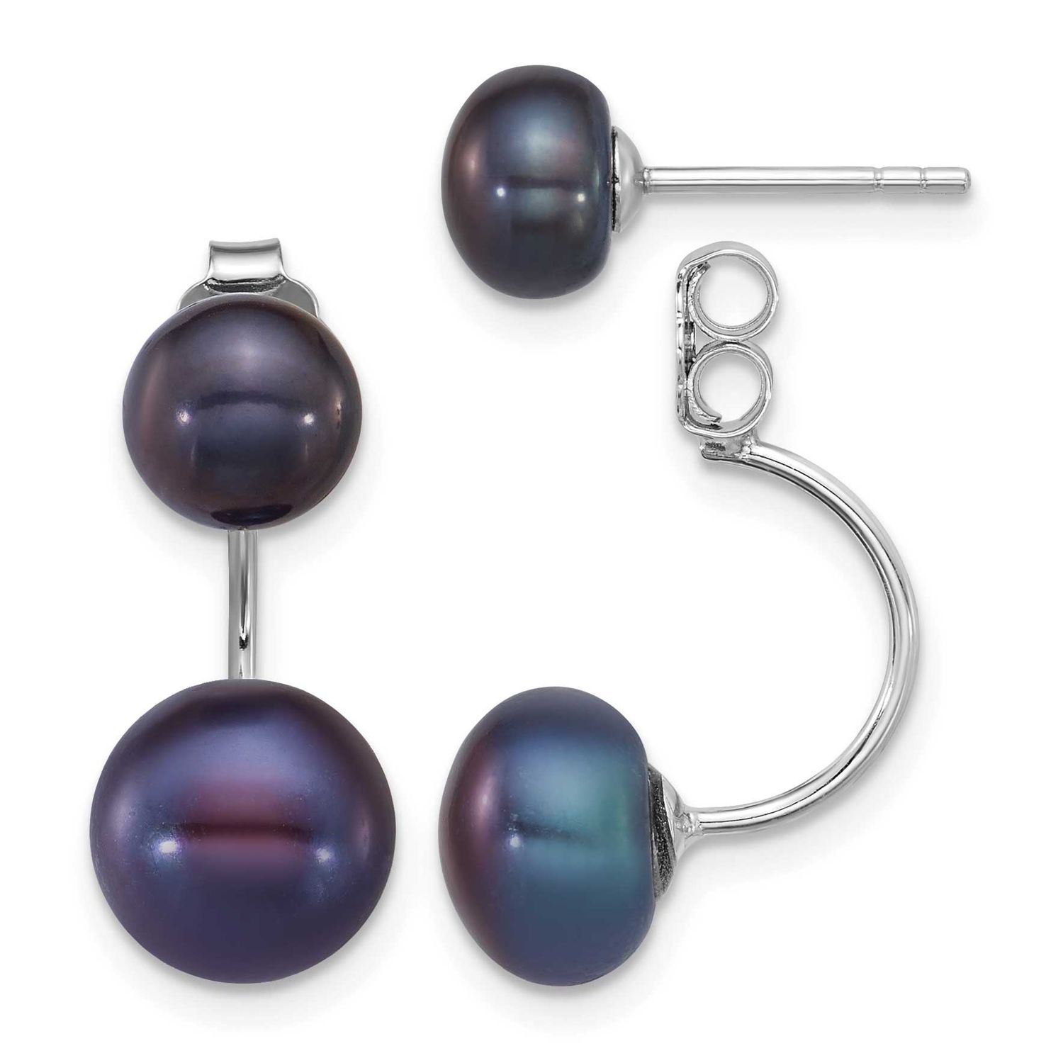 5-6mm and 8-9mm Black Button Freshwater Cultured Pearl Front and Back Post Dangle Earrings Sterling