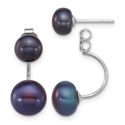 5-6mm and 8-9mm Black Button Freshwater Cultured Pearl Front and Back Post Dangle Earrings Sterling