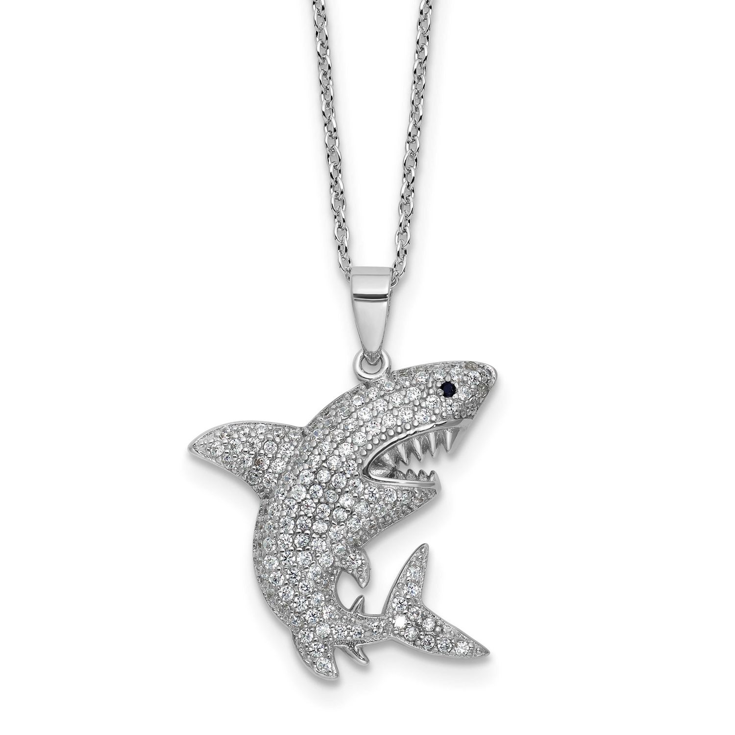 Cheryl M Polished Lab Created Black Spinel and CZ Shark with 2 Inch Extension Necklace Sterling Sil
