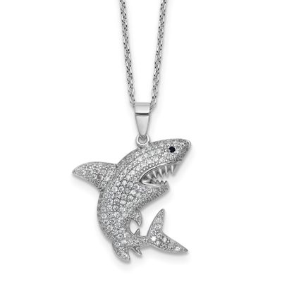 Cheryl M Polished Lab Created Black Spinel and CZ Shark with 2 Inch Extension Necklace Sterling Sil