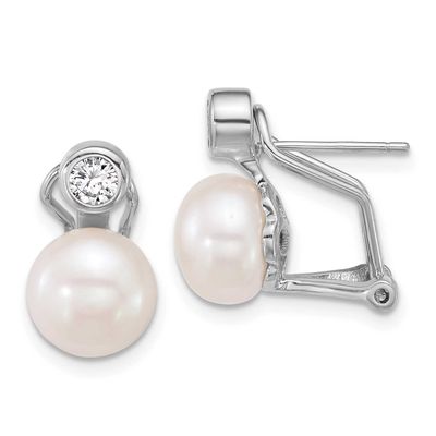 8-9mm White Button Freshwater Cultured Pearl and CZ Omega Back Earrings Sterling Silver Rhodium-pla