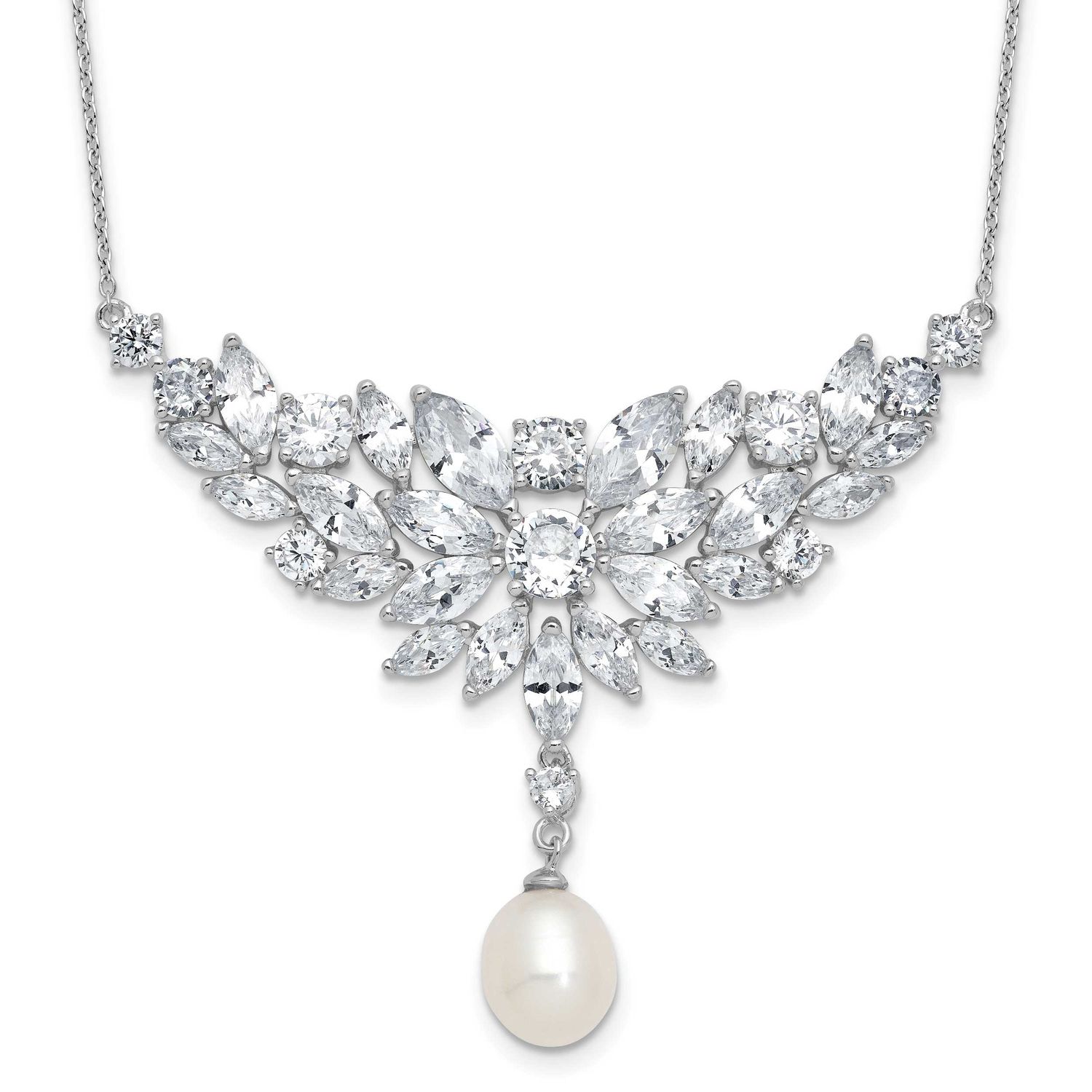 Cheryl M Polished Fancy Freshwater Cultured Pearl and CZ Necklace Sterling Silver Rhodium-plated, Q