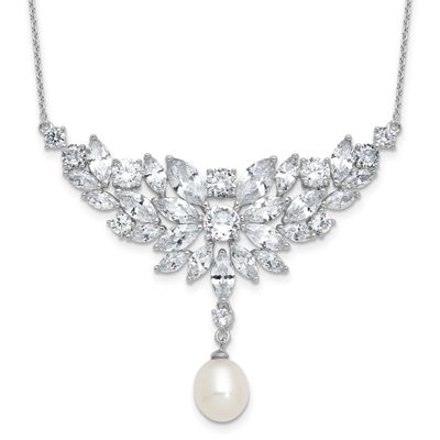 Cheryl M Polished Fancy Freshwater Cultured Pearl and CZ Necklace Sterling Silver Rhodium-plated, Q