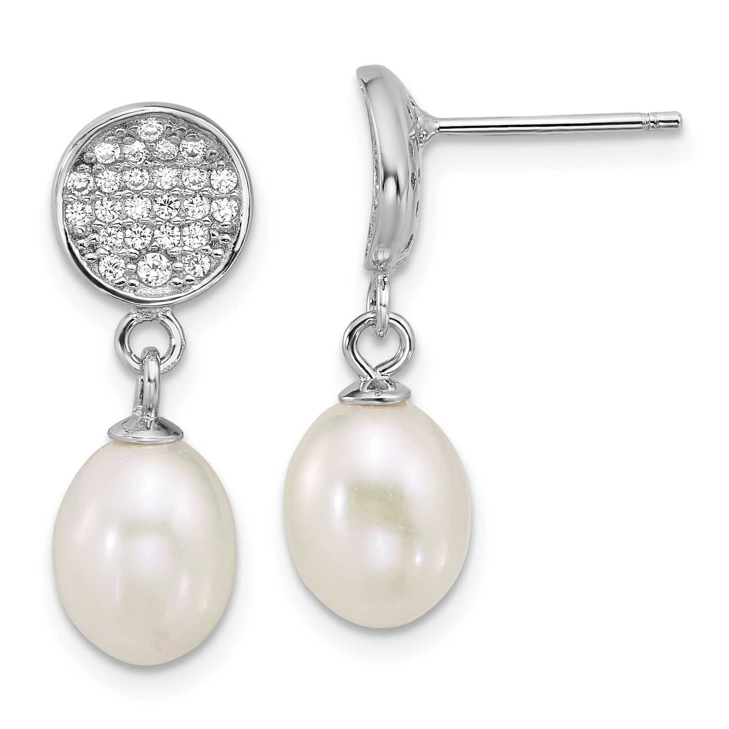 6-8mm White Teardrop Freshwater Cultured Pearl and CZ Post Dangle Earrings Sterling Silver Rhodium-