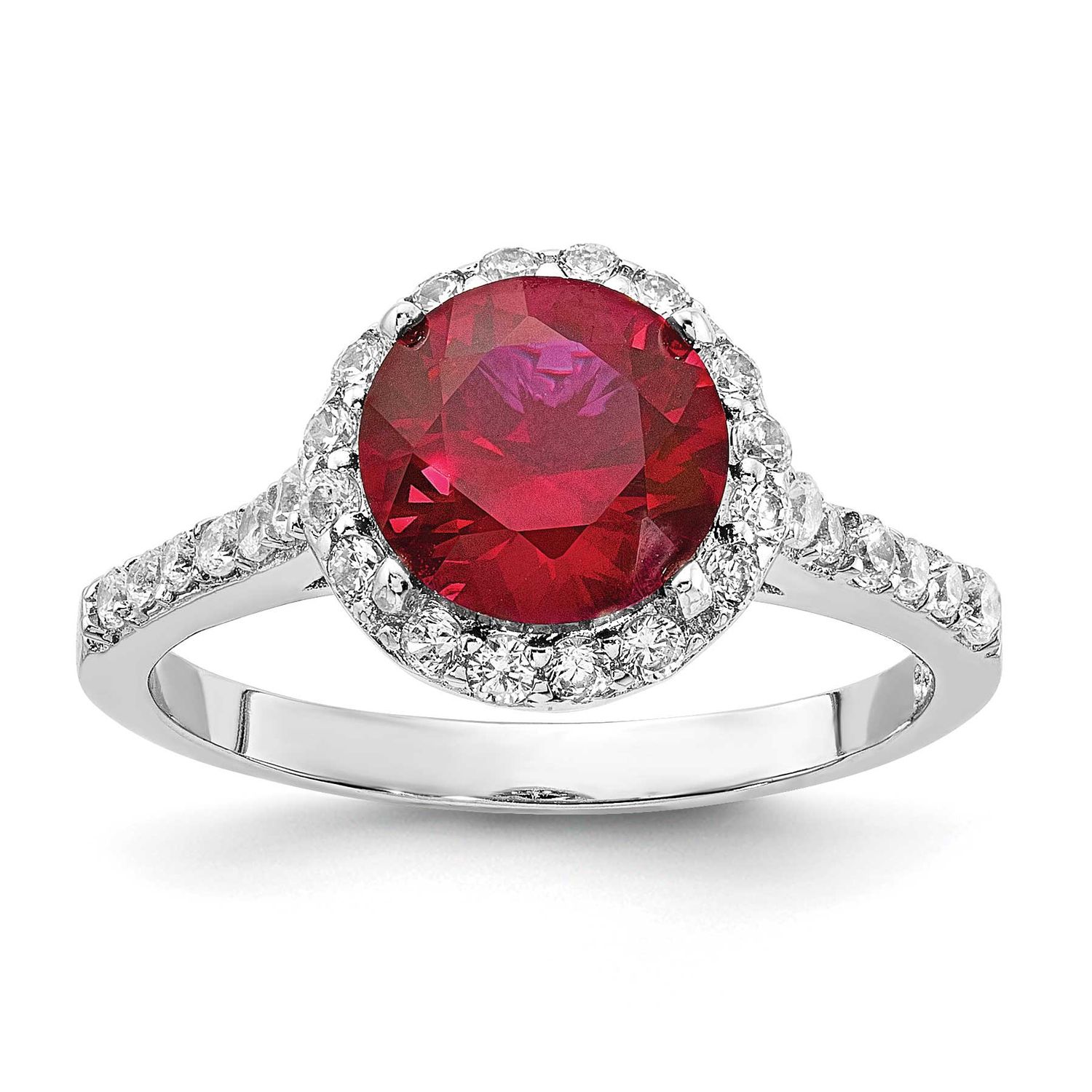 Cheryl M Polished Lab Created Ruby and CZ Round Halo Ring Sterling Silver Rhodium-plated, QCM1936-7,