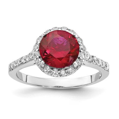 Cheryl M Polished Lab Created Ruby and CZ Round Halo Ring Sterling Silver Rhodium-plated, QCM1936-7,