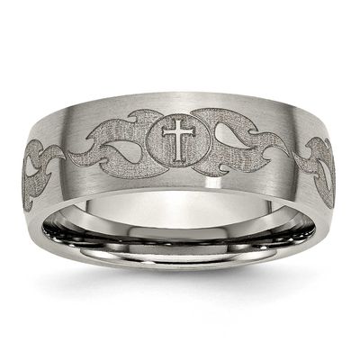 Cross with Flames Laser Design 8mm Band Titanium Brushed, TB26S-8.5, 886774053424