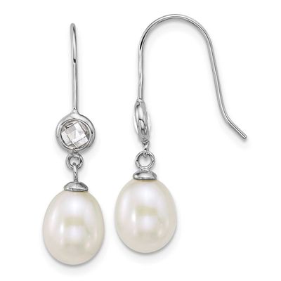 6-7mm White Rice Freshwater Cultured Pearl and Glass Shepherd Hook Dangle Earrings Sterling Silver