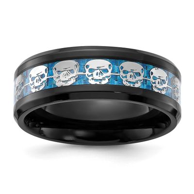 Black IP-plated Skulls with Blue Carbon Fiber Inlay 8mm Band Stainless Steel Polished, SR718-9.5, 1