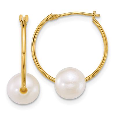 7-8mm White Semi-Round Freshwater Cultured Pearl Hoop Earrings 10k Gold, 10XF927E,