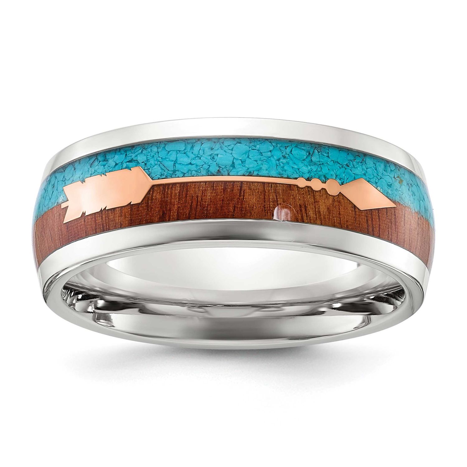 Arrow with Turquoise and Wood Inlay 8mm Band Stainless Steel Polished, SR765-10, 196904256220