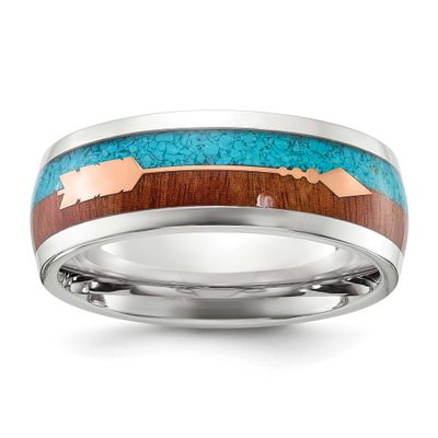 Arrow with Turquoise and Wood Inlay 8mm Band Stainless Steel Polished, SR765-10, 196904256220