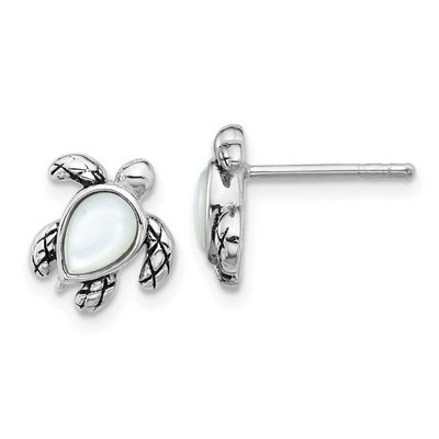 Polished and Antiqued Mother of Pearl June Birthstone Turtle Earrings Sterling Silver Rhodium-plate
