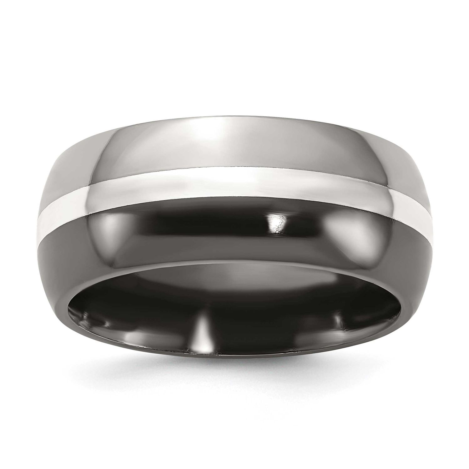 Black Ti with Sterling Silver Inlay 9mm Polished Band Titanium, TB393-8, 883957039855