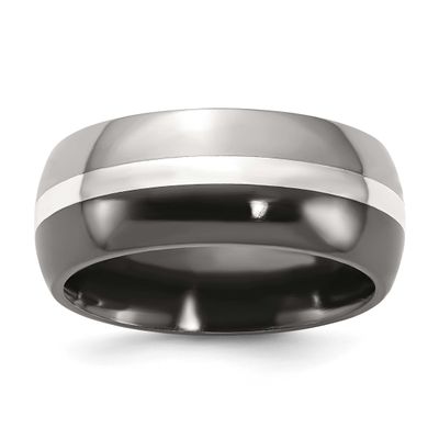 Black Ti with Sterling Silver Inlay 9mm Polished Band Titanium, TB393-8, 883957039855