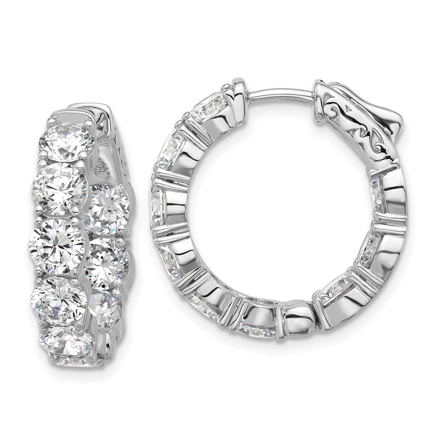 4.75mm CZ 18 Stone In and Out Hinged Hoop Earrings Sterling Silver Rhodium-plated, QSH146, 19690434
