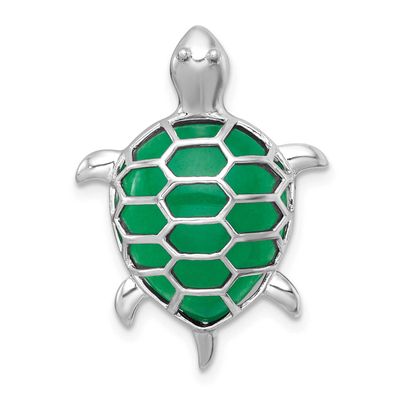Polished Dyed Jade Quartz Turtle Chain Slide Pendant Sterling Silver Rhodium-plated, QC11594,