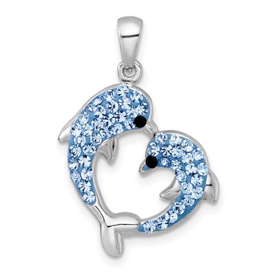 Blue Multi Color Crystal Dolphins Heart Shape Pendant Sterling Silver Rhodium-plated, QC11588,