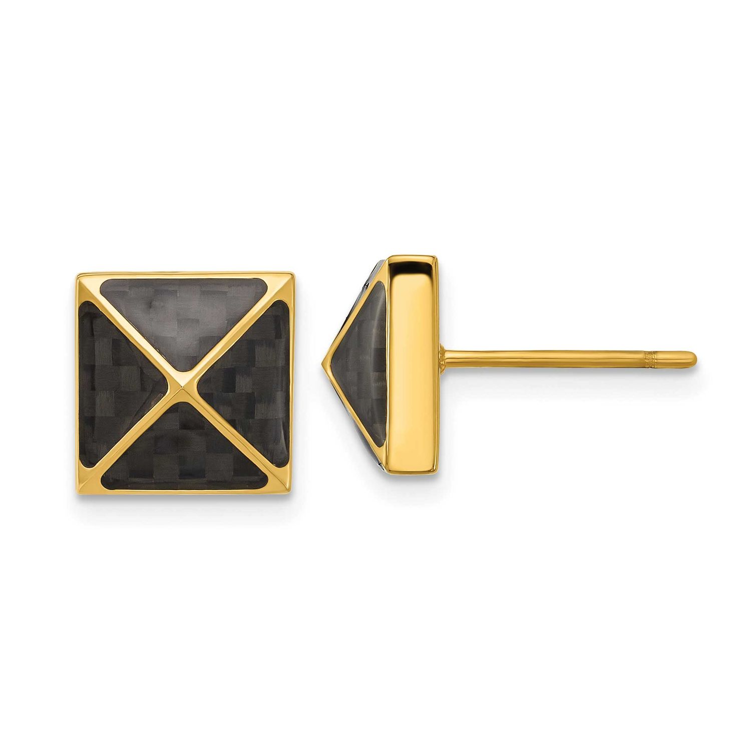 Yellow IP-plated Black Carbon Fiber Inlay Pyramid Stud Earrings Stainless Steel Polished, SRE1638,