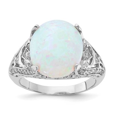 Cheryl M Polished Oval Lab Created Opal and CZ Ring Sterling Silver Rhodium-plated, QCM1950-9,
