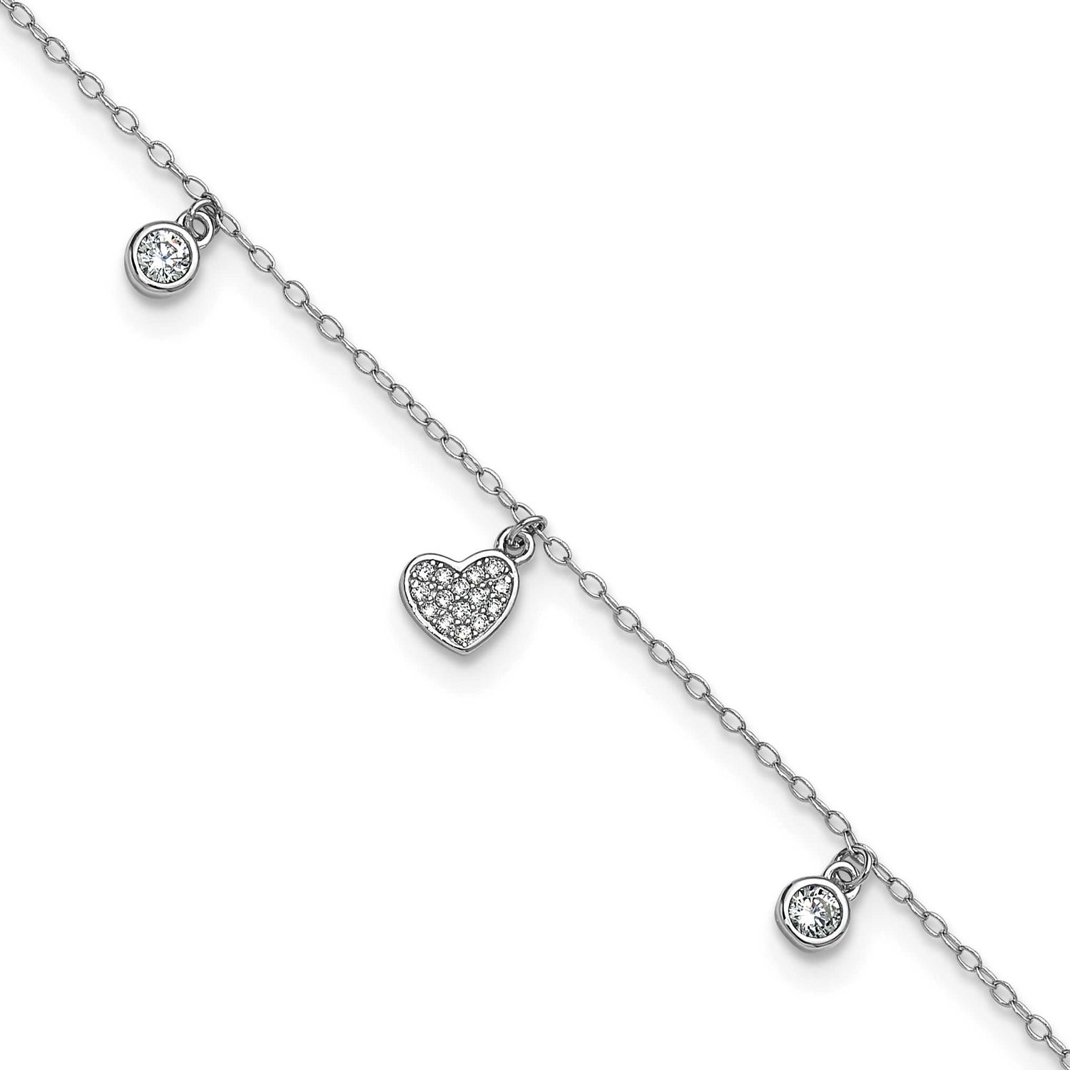Cheryl M Polished CZ Heart 9.5 Inch with 1 Inch Extension Anklet Sterling Silver Rhodium-plated, QC